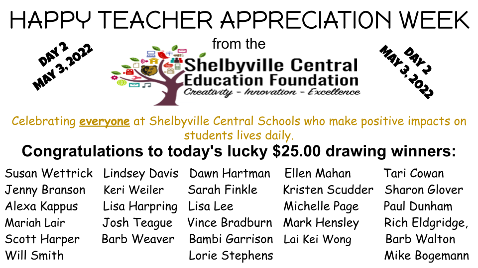 HAPPY TEACHER APPRECIATION WEEK from the Shelbyville Central Education Foundation Celebrating everyone at Shelbyville Central Schools who make positive impacts on students lives daily.  Day 2 May 3, 2022.  Congratulations to today's lucky $25.00 drawing winners:  Susan Wettrick   Lindsey Davis   Dawn Hartman    Ellen Mahan         Tari Cowan     Jenny Branson     Keri Weiler       Sarah Finkle       Kristen Scudder   Sharon Glover Alexa Kappus       Lisa Harpring   Lisa Lee              Michelle Page       Paul Dunham Mariah Lair           Josh Teague    Vince Bradburn   Mark Hensley       Rich Eldgridge, Scott Harper      Barb Weaver    Bambi Garrison   Lai Kei Wong          Barb Walton Will Smith                                   Lorie Stephens                               Mike Bogemann