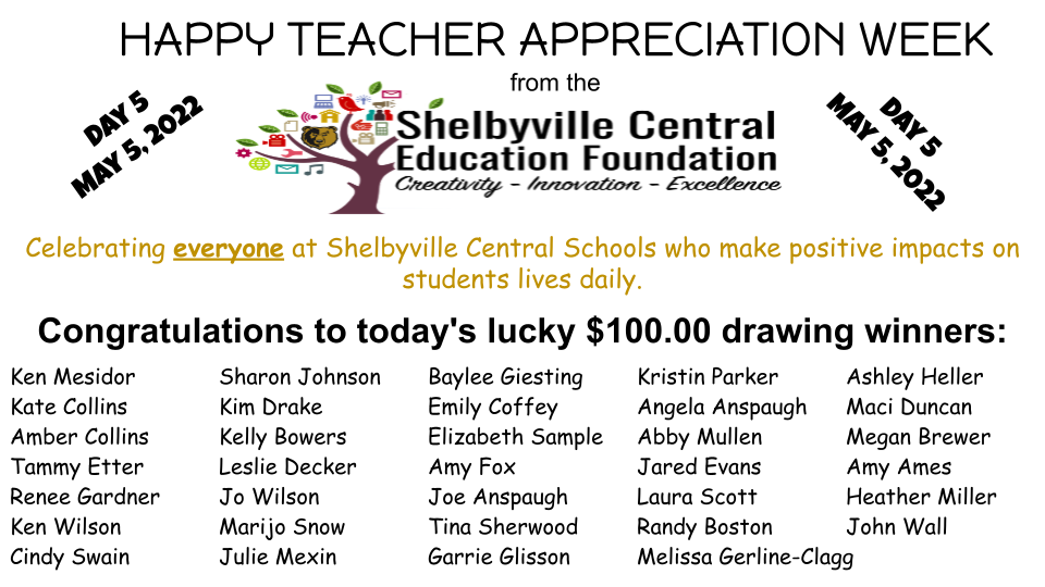HAPPY TEACHER APPRECIATION WEEK from the Shelbyville Central Education Foundation Celebrating everyone at Shelbyville Central Schools who make positive impacts on students lives daily.  Day 5  May 6, 2022.  Congratulations to today's lucky $100.00 drawing winners: Ken Mesidor		Sharon Johnson	Baylee Giesting		Kristin Parker		Ashley Heller Kate Collins		Kim Drake			Emily Coffey		Angela Anspaugh	Maci Duncan Amber Collins		Kelly Bowers		Elizabeth Sample	Abby Mullen		Megan Brewer Tammy Etter		Leslie Decker		Amy Fox			Jared Evans		Amy Ames Renee Gardner		Jo Wilson			Joe Anspaugh		Laura Scott		Heather Miller Ken Wilson		Marijo Snow		Tina Sherwood		Randy Boston		John Wall Cindy Swain		Julie Mexin		Garrie Glisson		Melissa Gerline-Clagg