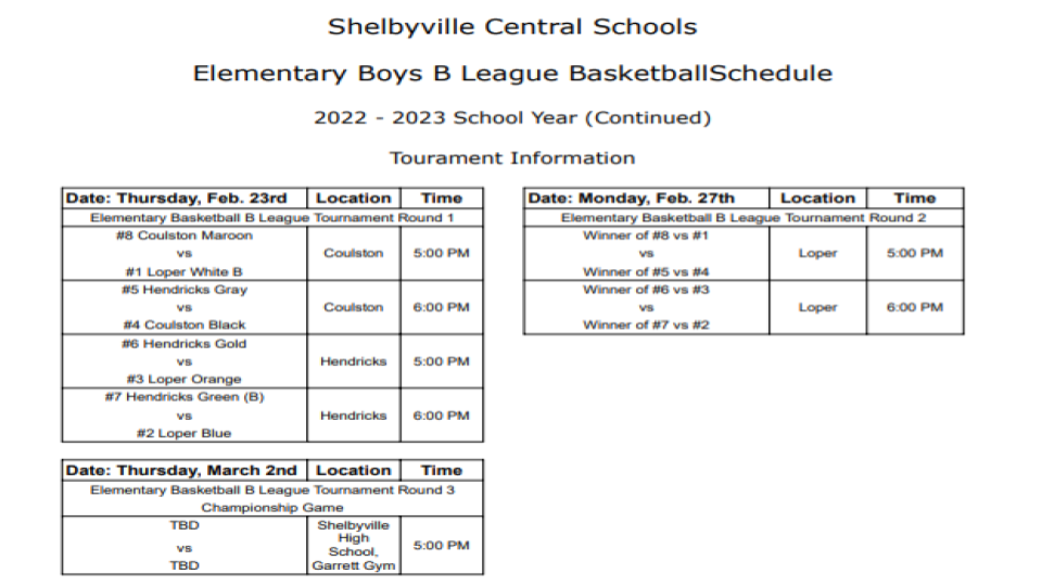 Shelbyvilee Central Schools Elementary Boys B League Basketball Tournament Schedule.
